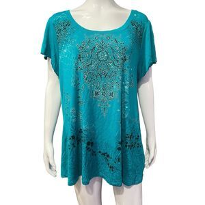 B.L.E.U. Bleu Womens Shirt 2X Short Sleeve Beaded Blouse Top Turquoise Y2K Lace